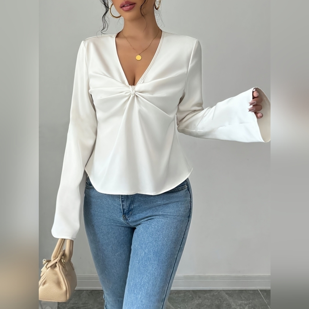 V-Neck Twist Front Long Sleeve Blouse